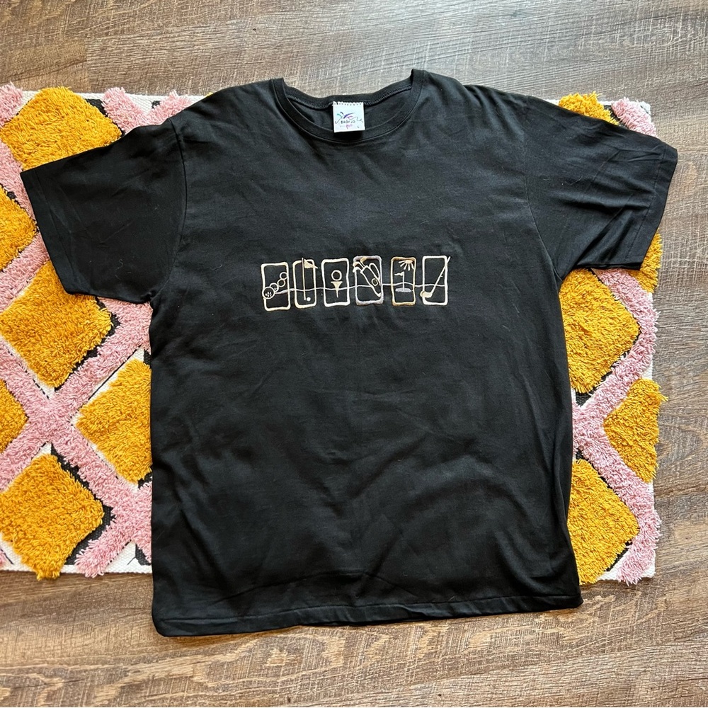 Vintage Embroidered Golf T-shirt. Black with Gold Golf Designs.